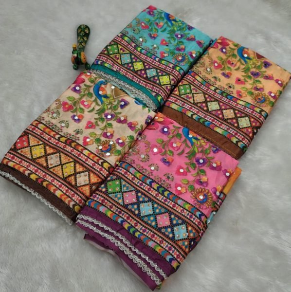 Practical Orange Chinon Saree with Mirror Work and Unstitch Chinon Blouse For Festival Printed Cotton Sarees Wholesale