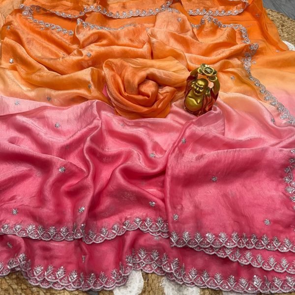 Practical Orange Pink Wedding Wear Space Silk Saree with Designer Sequins Work Silk Sarees Wholesale