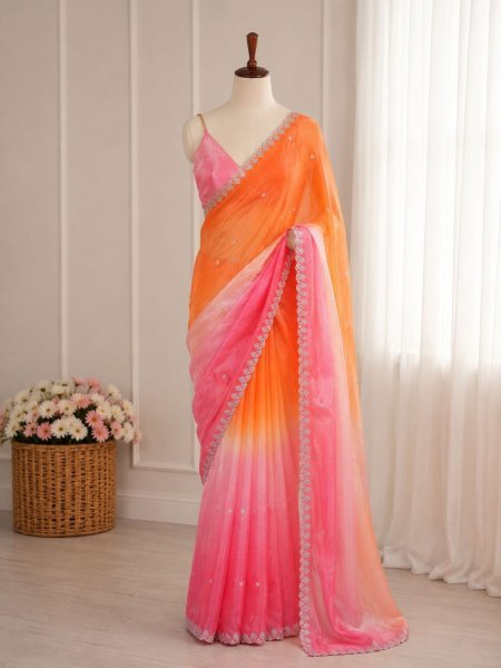 Practical Orange Pink Wedding Wear Space Silk Saree with Designer Sequins Work Silk Sarees Wholesale