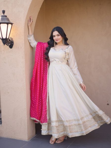 Practical Pink Cosmos Gown with Mirror Work and Dupatta for Wedding Wear Ready To Wear Suit