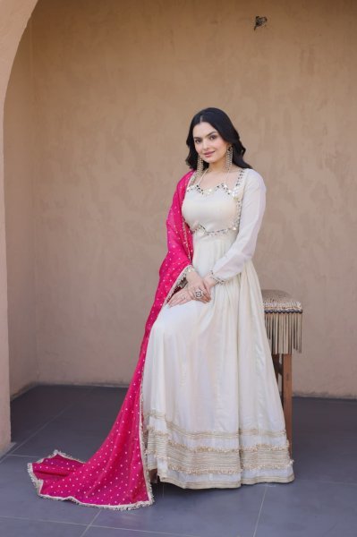 Practical Pink Cosmos Gown with Mirror Work and Dupatta for Wedding Wear Ready To Wear Collection