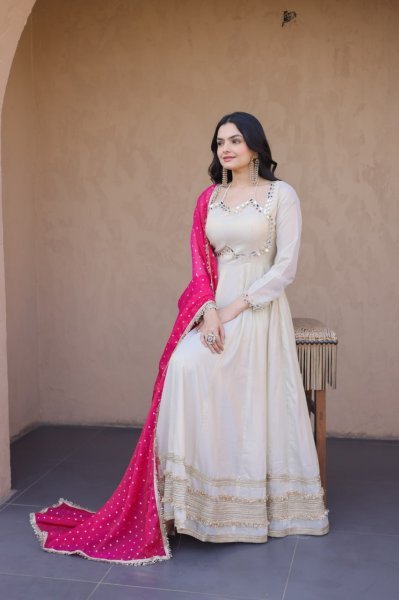 Practical Pink Cosmos Gown with Mirror Work and Dupatta for Wedding Wear Ready To Wear Collection