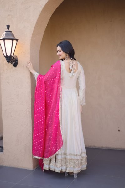 Practical Pink Cosmos Gown with Mirror Work and Dupatta for Wedding Wear Ready To Wear Collection