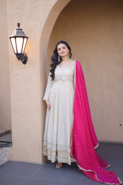 Practical Pink Cosmos Gown with Mirror Work and Dupatta for Wedding Wear Ready To Wear Collection