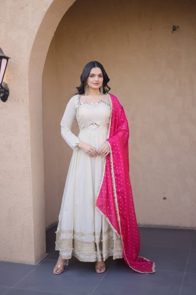 Practical Pink Cosmos Gown with Mirror Work and Dupatta for Wedding Wear Ready To Wear Collection