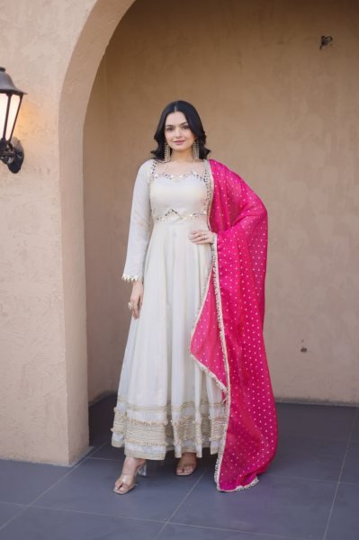 Practical Pink Cosmos Gown with Mirror Work and Dupatta for Wedding Wear Ready To Wear Collection