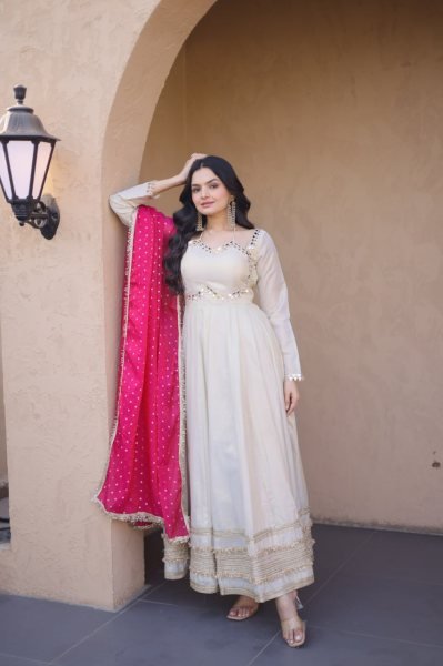 Practical Pink Cosmos Gown with Mirror Work and Dupatta for Wedding Wear Ready To Wear Collection
