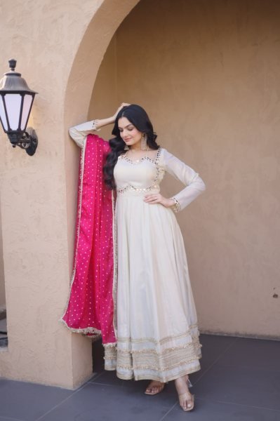 Practical Pink Cosmos Gown with Mirror Work and Dupatta for Wedding Wear Ready To Wear Collection