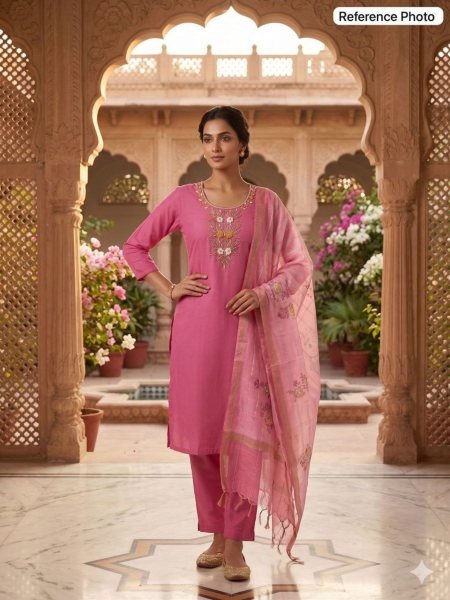 Practical Pink Mul Chanderi Kurti Pant Dupatta Set with Hand Work at Wholesale Rate Kurtis