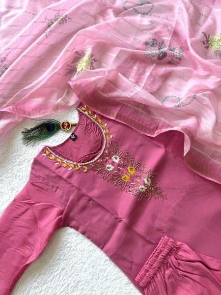 Practical Pink Mul Chanderi Kurti Pant Dupatta Set with Hand Work at Wholesale Rate  Straight Cut Long Kurtis