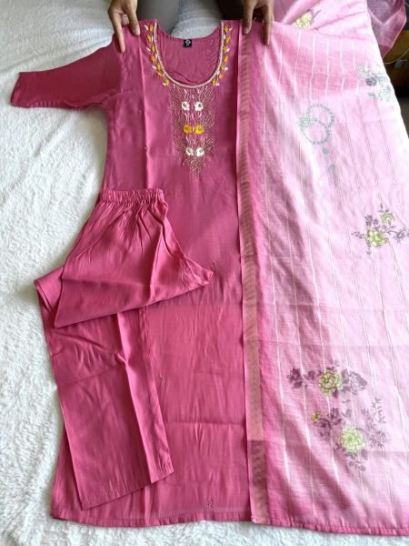 Practical Pink Mul Chanderi Kurti Pant Dupatta Set with Hand Work at Wholesale Rate  Straight Cut Long Kurtis