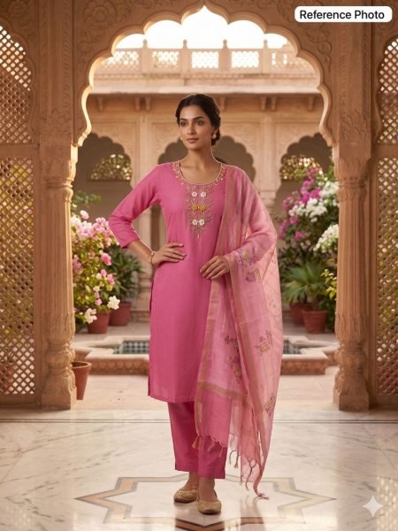 Practical Pink Mul Chanderi Kurti Pant Dupatta Set with Hand Work at Wholesale Rate  Straight Cut Long Kurtis