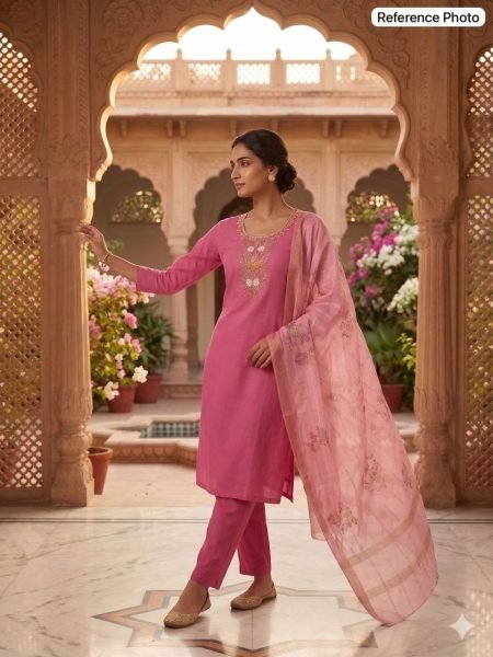 Practical Pink Mul Chanderi Kurti Pant Dupatta Set with Hand Work at Wholesale Rate  Straight Cut Long Kurtis