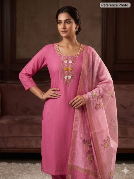 Practical Pink Mul Chanderi Kurti Pant Dupatta Set with Hand Work at Wholesale Rate  Straight Cut Long Kurtis