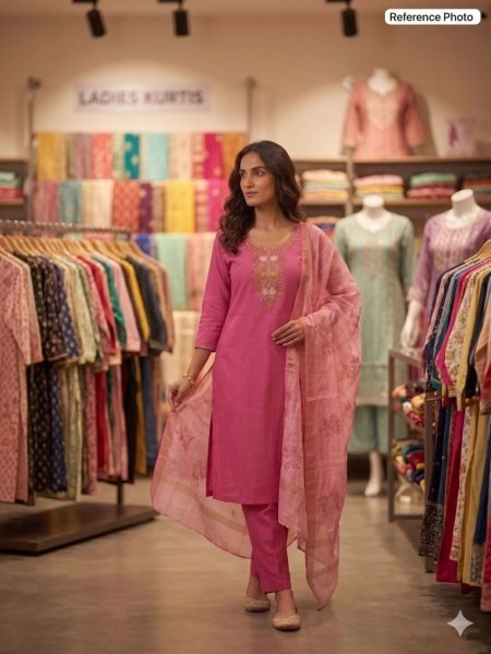 Practical Pink Mul Chanderi Kurti Pant Dupatta Set with Hand Work at Wholesale Rate  Straight Cut Long Kurtis