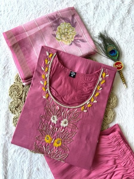 Practical Pink Mul Chanderi Kurti Pant Dupatta Set with Hand Work at Wholesale Rate  Straight Cut Long Kurtis