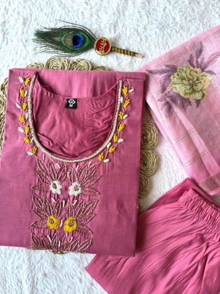 Practical Pink Mul Chanderi Kurti Pant Dupatta Set with Hand Work at Wholesale Rate  Straight Cut Long Kurtis
