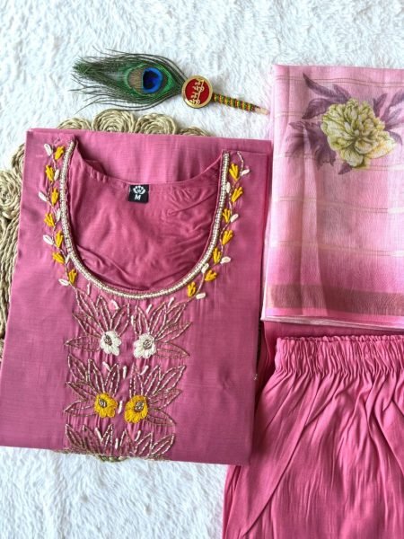 Practical Pink Mul Chanderi Kurti Pant Dupatta Set with Hand Work at Wholesale Rate  Straight Cut Long Kurtis