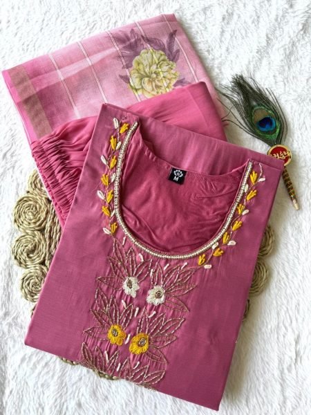 Practical Pink Mul Chanderi Kurti Pant Dupatta Set with Hand Work at Wholesale Rate  Straight Cut Long Kurtis