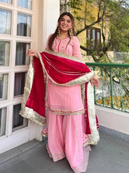 Practical Pink Organza Silk Sharara Set with Heavy Lace Work at Wholesale Rate 