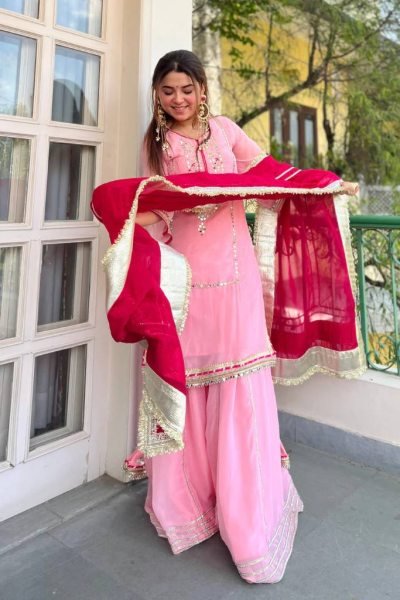 Practical Pink Organza Silk Sharara Set with Heavy Lace Work at Wholesale Rate Ready To Wear Collection