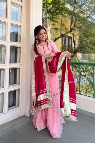 Practical Pink Organza Silk Sharara Set with Heavy Lace Work at Wholesale Rate Ready To Wear Collection