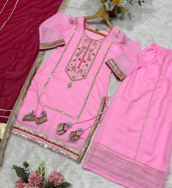 Practical Pink Organza Silk Sharara Set with Heavy Lace Work at Wholesale Rate Ready To Wear Collection