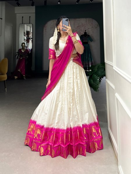 Practical Pink Poly Cotton Lehenga Choli with Checks Zari Weaving Work and Georgette Dupatta  Lehenga