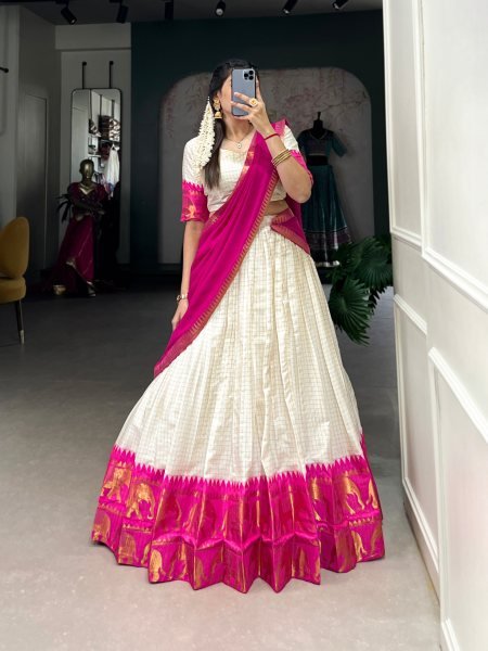 Practical Pink Poly Cotton Lehenga Choli with Checks Zari Weaving Work and Georgette Dupatta Half Saree Lehenga