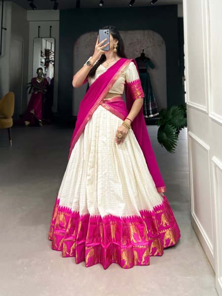 Practical Pink Poly Cotton Lehenga Choli with Checks Zari Weaving Work and Georgette Dupatta Half Saree Lehenga