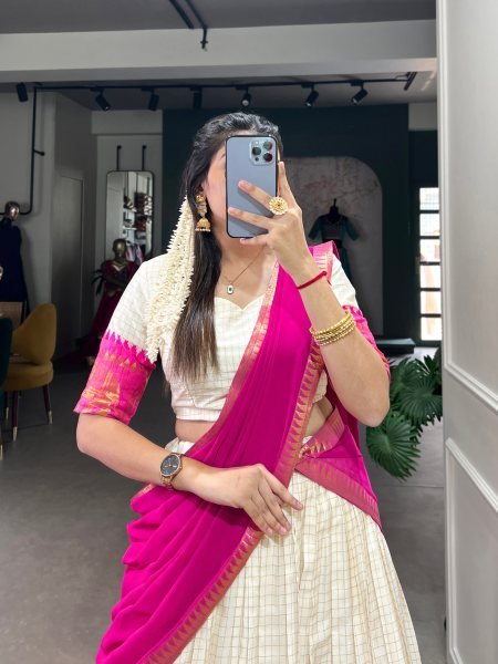 Practical Pink Poly Cotton Lehenga Choli with Checks Zari Weaving Work and Georgette Dupatta Half Saree Lehenga