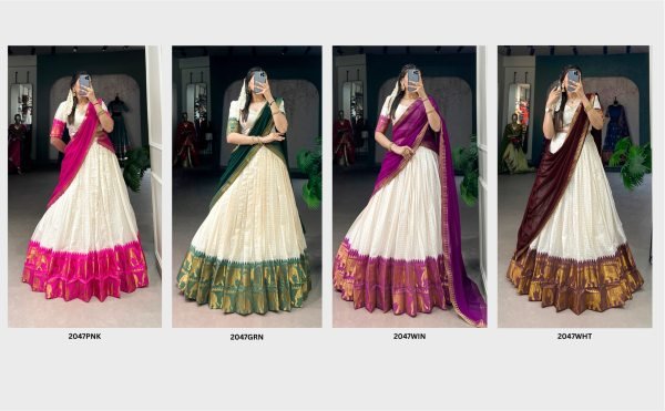 Practical Pink Poly Cotton Lehenga Choli with Checks Zari Weaving Work and Georgette Dupatta Half Saree Lehenga