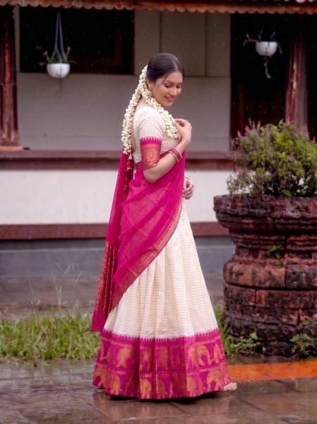 Practical Pink Poly Cotton Lehenga Choli with Checks Zari Weaving Work and Georgette Dupatta Half Saree Lehenga