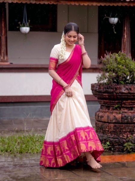 Practical Pink Poly Cotton Lehenga Choli with Checks Zari Weaving Work and Georgette Dupatta Half Saree Lehenga