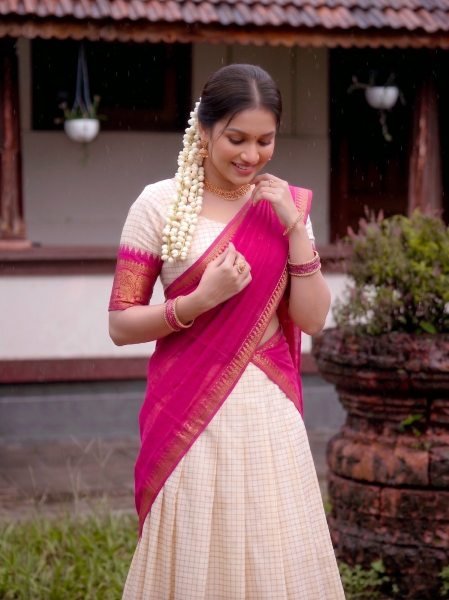 Practical Pink Poly Cotton Lehenga Choli with Checks Zari Weaving Work and Georgette Dupatta Half Saree Lehenga