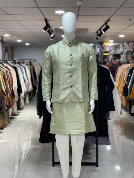 Practical Pista Premium Pure Silk Embroidered Koti Kurta Pajama Set for Men Mens Wear