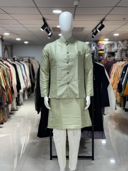 Practical Pista Premium Pure Silk Embroidered Koti Kurta Pajama Set for Men Kurta Pajama Wholesale