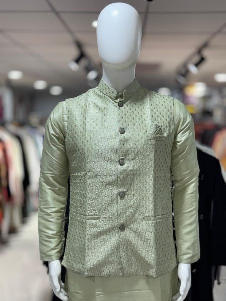 Practical Pista Premium Pure Silk Embroidered Koti Kurta Pajama Set for Men Kurta Pajama Wholesale