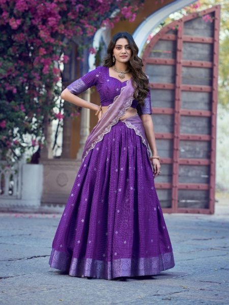Practical Purple Chinon Checks Lehenga with Sequins Thread Work Dupatta  Lehenga
