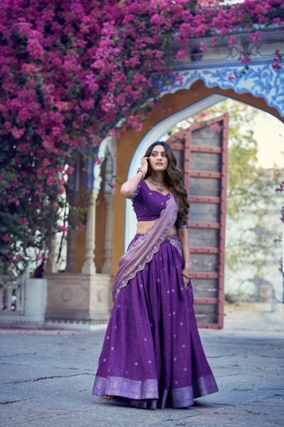 Practical Purple Chinon Checks Lehenga with Sequins Thread Work Dupatta Designer Lehenga Choli