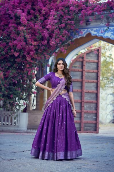 Practical Purple Chinon Checks Lehenga with Sequins Thread Work Dupatta Designer Lehenga Choli