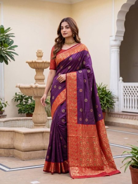 Practical Purple Soft Lichi Silk Saree with Rich Pallu and Jacquard Weaving For Wedding 