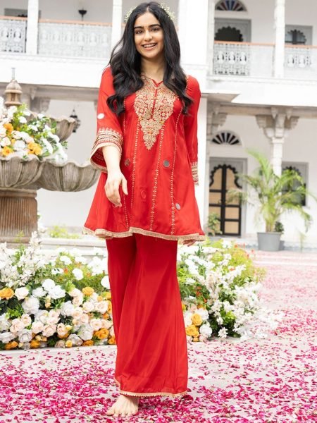 Practical Red Crepe Silk Co ord Set With Beautiful Work On Kurti In Budget Rate CO ORD Sets