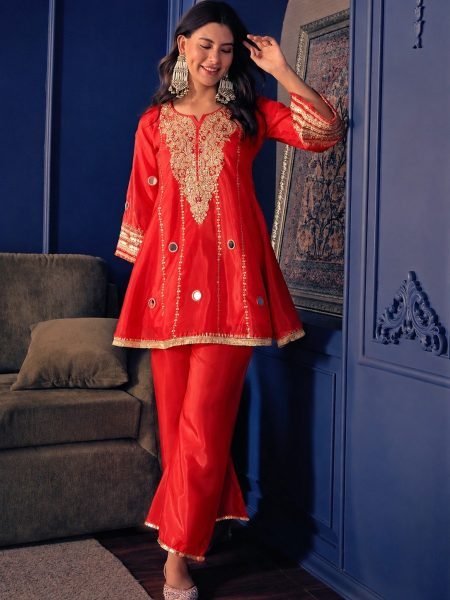 Practical Red Crepe Silk Co ord Set With Beautiful Work On Kurti In Budget Rate CO ORD Sets
