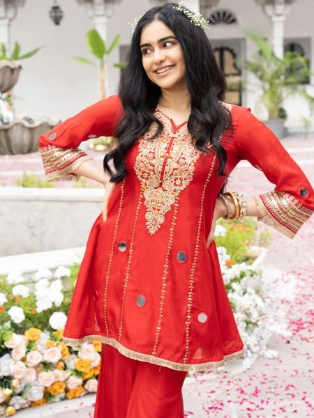 Practical Red Crepe Silk Co ord Set With Beautiful Work On Kurti In Budget Rate CO ORD Sets