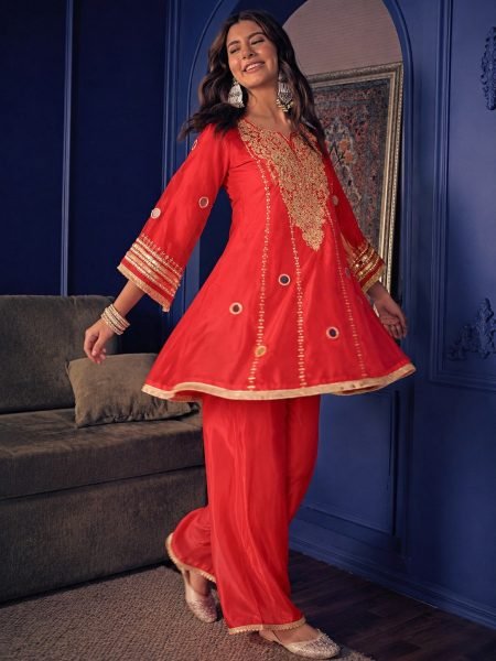 Practical Red Crepe Silk Co ord Set With Beautiful Work On Kurti In Budget Rate CO ORD Sets