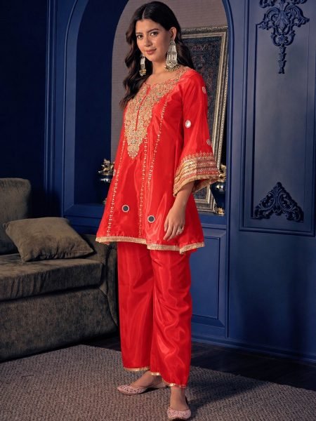 Practical Red Crepe Silk Co ord Set With Beautiful Work On Kurti In Budget Rate CO ORD Sets