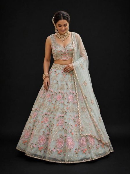 Practical Sky Blue Grand Flared Lehenga with Pearl Embroidery for Reception Wear Designer Lehenga Choli