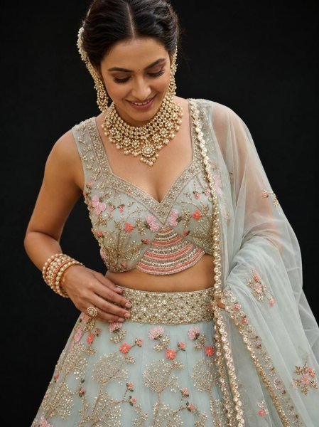 Practical Sky Blue Grand Flared Lehenga with Pearl Embroidery for Reception Wear Designer Lehenga Choli