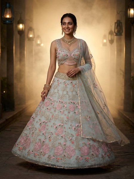 Practical Sky Blue Grand Flared Lehenga with Pearl Embroidery for Reception Wear Designer Lehenga Choli